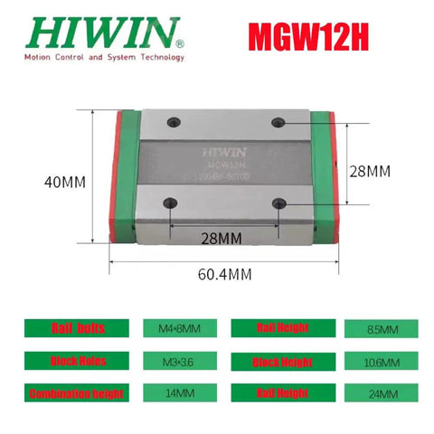 Image of Beefy MGW12 Linear Guide Rail Kit for CNC Machines, showing dimensions and specifications.