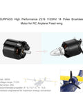 Image of Surpass High Performance 2216 1120KV 14 Pole Brushless Motor for RC Airplane, showing side view with CNC aluminum heatsink.