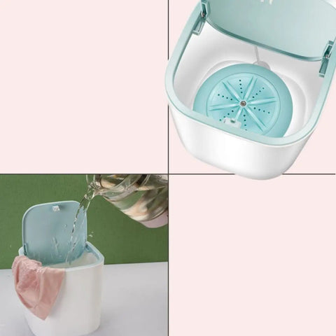 Knock Out Your Laundry Hustle With Slick Portable Mini Washing Machine featuring blue drum spin, water being poured into compact washer.