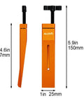 Pro Grade Brake Caliper Piston Press Tool For Hydraulic Disc Brakes, Precise Piston Alignment And Spreading For SRAM, Shimano And All Brands, No Fuss Caliper Service For Easy Pad Replacement, side and front view with measurements in orange.
