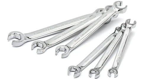 Six Piece Metric Flare Nut Wrench Set With 15 Degree Offset Heads For Tight Access Includes 9mm By 11mm, 10mm By 12mm, 13mm By 14mm, 15mm By 17mm, 16mm By 18mm, 19mm By 21mm Perfect For Softer Material Nuts And Auto DIY on white background
