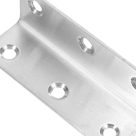 Close-up of Stainless Steel 90 Degree L Shaped Corner Braces 8 Pack Heavy Duty Angle Brackets with pre-drilled holes.