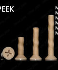 Premium PEEK Plastic Phillips Countersunk Flat Head Screws M6 X 40mm in various sizes displayed on a black background.