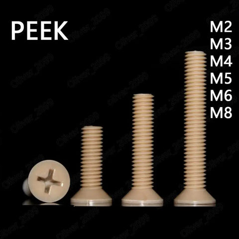 Premium PEEK Plastic Phillips Countersunk Flat Head Screws M6 X 40mm in various sizes displayed on a black background.