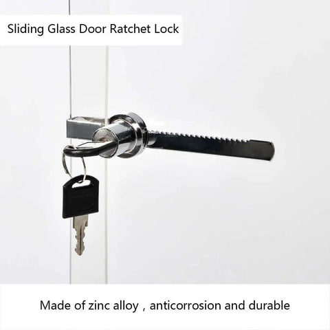 Sliding Glass Door Ratchet Lock For Display Cases With Chrome Finish, mounted on glass with key inserted, close-up view.