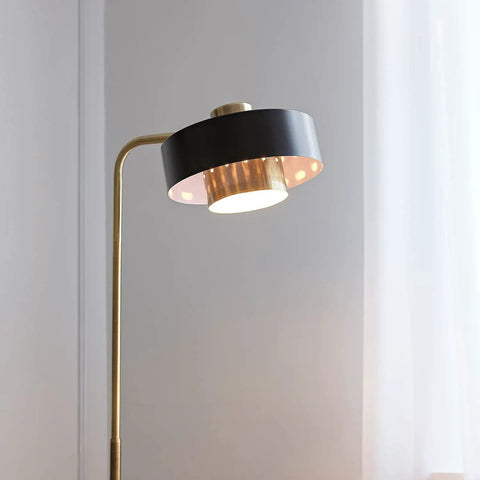Felipe Floor Lamp with tilting head, antique brass finish and matte black accent, mid century modern style for living room