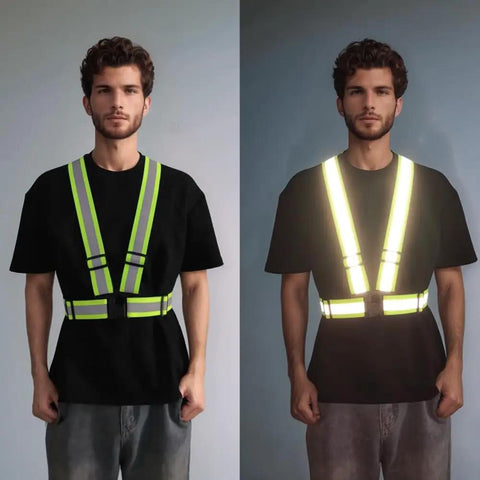 Road Ready Heavy Duty High Vis Safety Strap Vest Engineered For Day Shift Workers Demanding Peak Night Glow And Bulletproof Polymer Straps That Will Never Tear Up In Comfortable Oversized Cut, shown in yellow and reflective style.