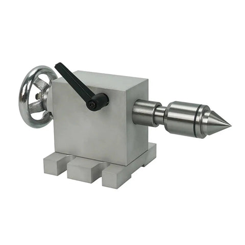 Top Shelf Smooth Spinning Four Axis Rotary Table With Adjustable Center Tailstock For CNC Router Mill Engraver Built Damn Tough, silver metal design with hand wheel.