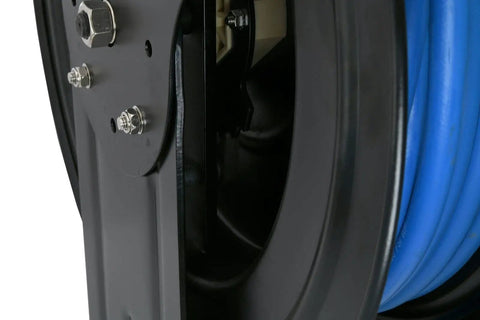 Close-up of Retractable Air Hose Reel With Auto Rewind And Locking 12 Point Gearing, 3/8 Inch By 50 Foot Next Gen Rubber Hose
