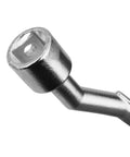 Close-up of heavy duty angled socket wrench with open end slotted head crafted from molybdenum steel.