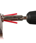 Slick Electrical Wire Stripper And Twisting Drill Adapter Built With Metric Scale For Fast Insulation Peeler And Cable Twist Setup, showing steel construction with red cables.