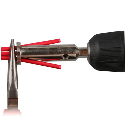 Slick Electrical Wire Stripper And Twisting Drill Adapter Built With Metric Scale For Fast Insulation Peeler And Cable Twist Setup, showing steel construction with red cables.