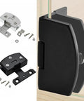 Heavy Duty Frameless Glass Door Hinge And Zinc Alloy Cabinet Clamps For 8 Millimeter Panels Smooth Glide Fit For Wine Racks And Display Cases Matte Black Hardware mounted on cabinet with hardware parts.