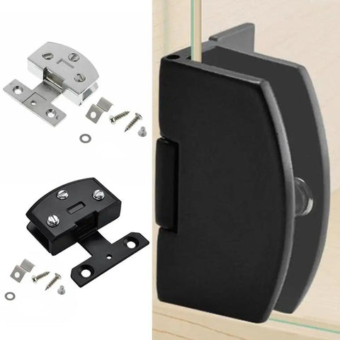 Heavy Duty Frameless Glass Door Hinge And Zinc Alloy Cabinet Clamps For 8 Millimeter Panels Smooth Glide Fit For Wine Racks And Display Cases Matte Black Hardware mounted on cabinet with hardware parts.