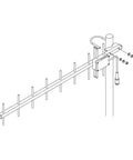 Technical line drawing of Elele 9-Element Yagi Antenna For Amateur Radios, 1260-1300 MHz Band, mast mount with coax cable.