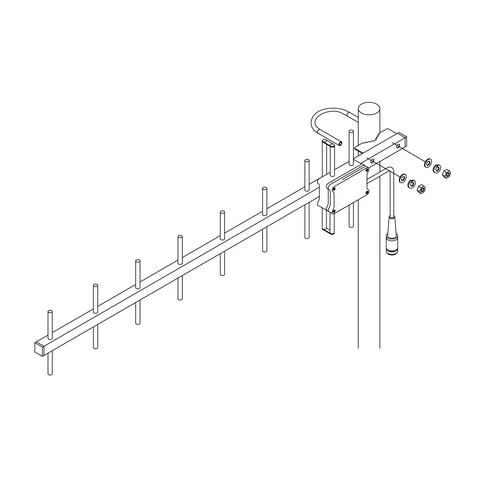 Technical line drawing of Elele 9-Element Yagi Antenna For Amateur Radios, 1260-1300 MHz Band, mast mount with coax cable.