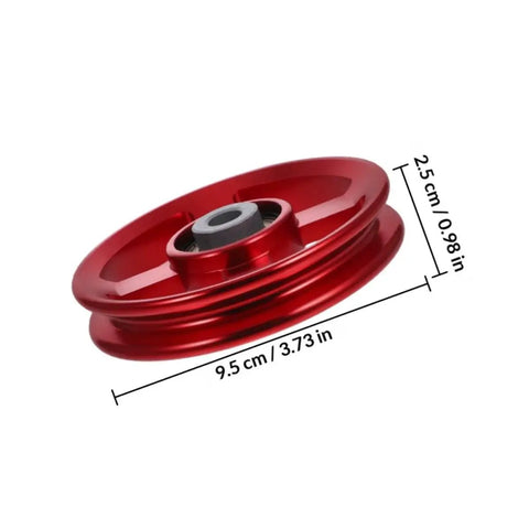Red aluminum alloy fitness pulley wheels for gym equipment, sturdy replacement, 9.5 cm diameter, compatible with weight lifting