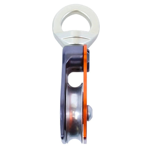 Side view of Omni-Block 2.0 Orange Swivel Pulley For Climbing And Rigging Systems Built Tough With 8kN Working Load Limit And 36kN MBS