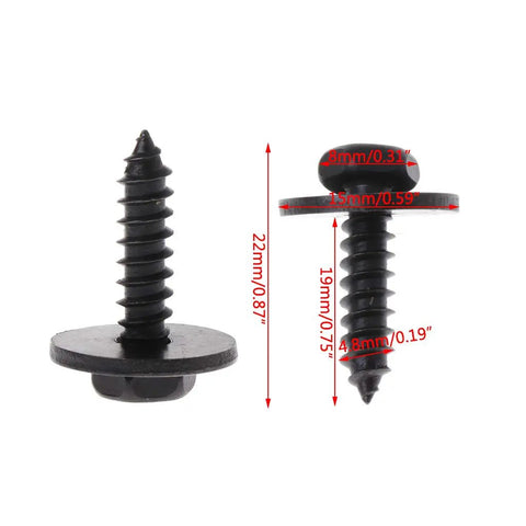 Pro Grade 10 Piece Badass Heavy Duty Self Tapping Screws Featuring Captive Loose Washers And Snappy 8Mm Hex Head Bolts For Wood And Steel At 4.8X19 Mm Lengths Coated In Sleek Matte Black, showing size and detail.