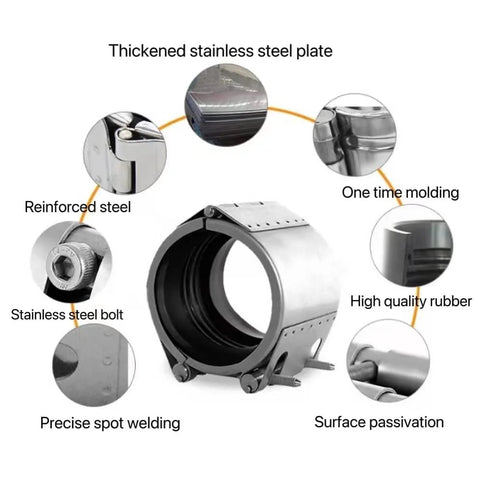 Pipe repair clamp with thick stainless steel plate and rubber seal for 20–23 mm plastic or metal pipes (front view)