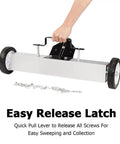 Heavy Duty 24 Inch Rolling Magnetic Pickup Sweeper With Adjustable Handle, showcasing easy release latch for efficient metal debris collection.