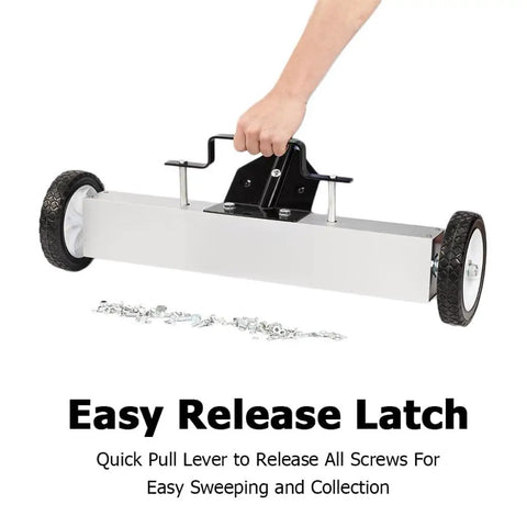 Heavy Duty 24 Inch Rolling Magnetic Pickup Sweeper With Adjustable Handle, showcasing easy release latch for efficient metal debris collection.