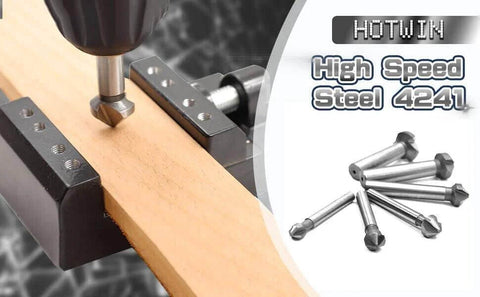 Hotwin six-piece silver HSS chamfering end mill set for countersinking (90°) with wood.