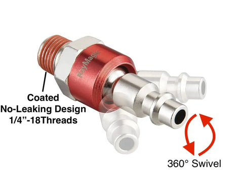 Pro Grade 1/4 Inch Swivel Air Plug Set 6 Pack Steel Red Swivel Air Hose Fittings NPT Male Threads Pre Coated With Sealing For Leak Free Connections Up To 300 PSI High Pressure Keeps Hoses Stable At Any Angle, 360° swivel fitting
