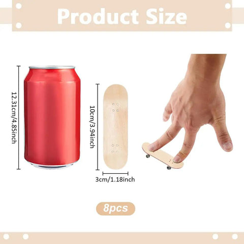 8 Pack Mini Fingerboard Set Maple Wood With Plastic Case Tiny Skateboards For Desk Tricks And Fun Kids Friendly Gift Or Party Favor 3.94 Inch Long By 1.18 Inch Wide next to red soda can for size comparison
