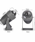 Long‑Throw LED Floodlight, Outdoor Wall Spotlight(Green 5w) shown from side and front angles with dimensions on display.