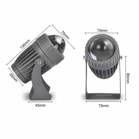 Long‑Throw LED Floodlight, Outdoor Wall Spotlight(Green 5w) shown from side and front angles with dimensions on display.