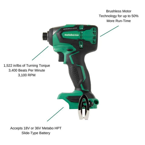Powerhouse 18V Cordless Brushless Impact Driver With 1522 In Lbs Torque And 3400 Max IPM Tool Only, side view