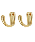 Small Solid Brass Wall Mounted Hanging Hooks Duo Pack Slick Dope Gold Finish Hella Durable Decorative Coat Rack Key Holder For Home Vibes Heavy Duty Multi Purpose Storage Solution close-up of two hooks in gold finish