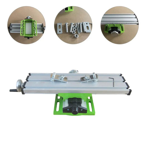 Portable Milling Machine Work Table Vise with Adjustable XY Compound Slide, aluminum frame, green base, and hardware set