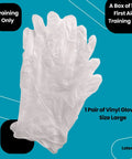 Front view of white vinyl gloves, size large, latex-free, from a box of 100 first aid training kits.