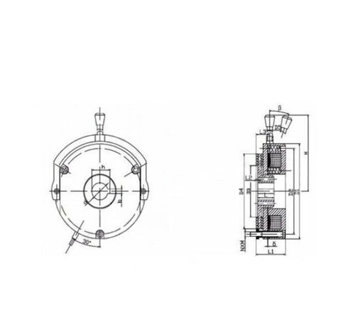 Electromagnetic motor brake assembly DHM3-30 DC99V, front and side technical drawings