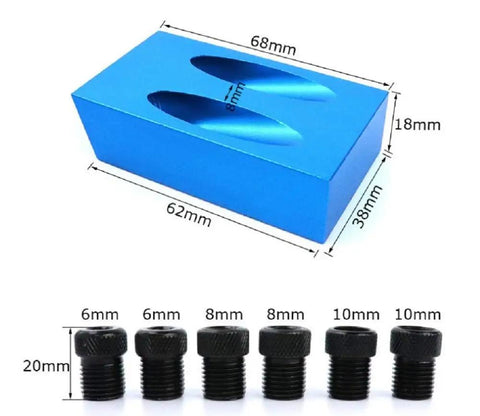Pocket Hole Jig Kit With 15 Degree Slant Locator, Solid Aluminum Alloy Build, with 6/8/10mm drive adapters shown, woodworking tool set.