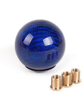 Slick Carbon Fiber Round Ball Manual Shifter Knob With Screw In Mount Beefy Aluminum Base And Universal Thread Adapter Kit in blue color with adapter pieces.