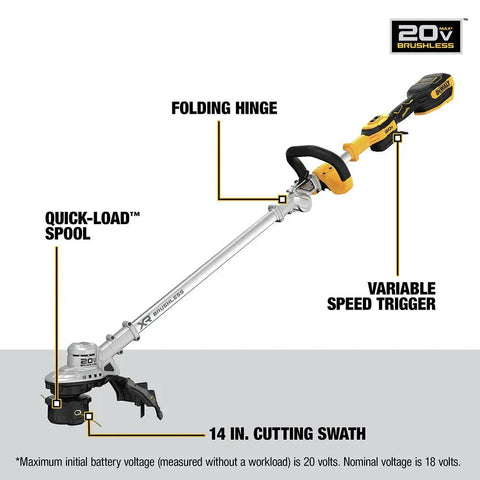 20V Max XR Cordless String Trimmer 14-Inch Tool Only with foldable design, QuickLoad spool, variable-speed trigger