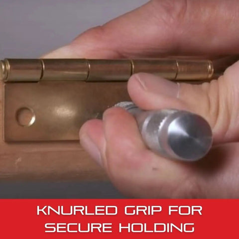 Pro Grade Steel Center Punch With Round Shank And Knurled Grip, Hardened And Tempered For Precise Indentations on a hinge