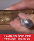 Center Punch Set Of 5 Hardened Steel Tools With Round Shank And Knurled Grip in use on metal hinge