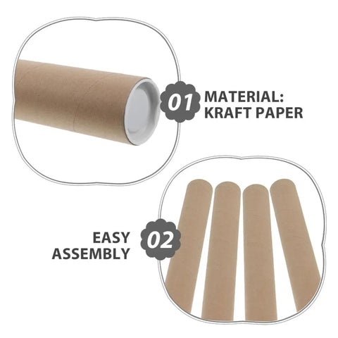 10 Pack Kraft Paperboard Poster Tubes With Plastic Caps, 50mm Inner Diameter And 40cm Length, showing material and easy assembly
