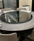 Large Lazy Susan Turntable 360 Degree Rotating Tray With Tempered Glass Display Plate on marble table, kitchen setting