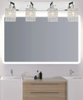 Chrome Crystal Vanity Light For Bathroom Four Light Farmhouse Style Sconces Over Mirror with crystal details in bathroom setting