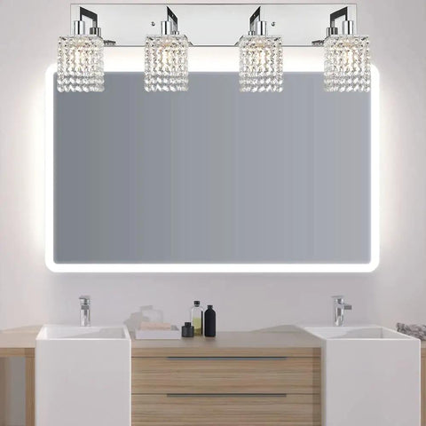Chrome Crystal Vanity Light For Bathroom Four Light Farmhouse Style Sconces Over Mirror with crystal details in bathroom setting