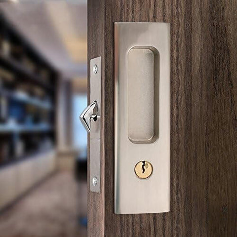 Privacy Pocket Door Lock Hardware With Key For Invisible Barn Doors In Brushed Nickel Finish on wooden door