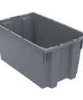 Heavy Duty Nest And Stack Plastic Storage Containers In Gray Built Tough For Daily Hauls And Worksite Organizing Features Slick Chemical Resistant Surfaces Measuring 18 By 11 By 9 Inches Provides A No Hassle Six Pack Case Of Reliable Distribution Totes. Gray plastic storage container with open top and sturdy sides.