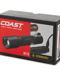 Boxed HP7R 300 Lumen Rechargeable LED Flashlight With Slide Focus From Broad Flood To Precise Long Range Spot, black, side view