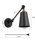 Two Pack Industrial Plug In Wall Sconces With On Off Switch Vintage Edison Swing Arm Black Metal Shade For Home Or Office 55 Inch Cord Two In One Plug In Or Hardwire shown with measurements and black finish