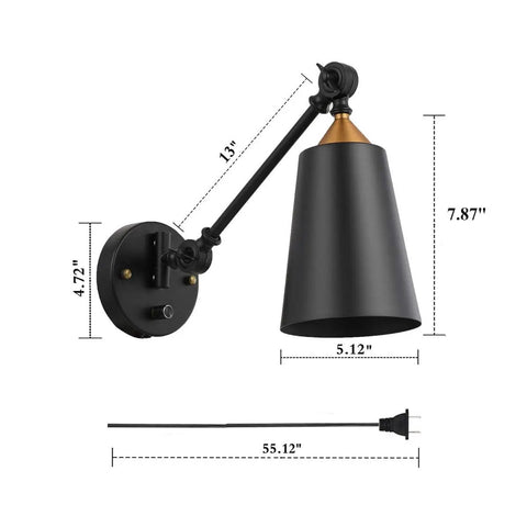 Two Pack Industrial Plug In Wall Sconces With On Off Switch Vintage Edison Swing Arm Black Metal Shade For Home Or Office 55 Inch Cord Two In One Plug In Or Hardwire shown with measurements and black finish